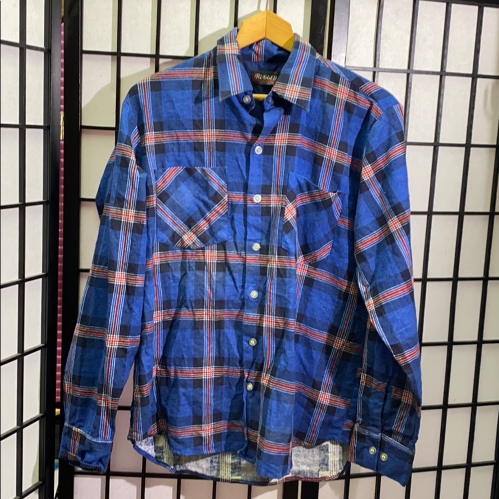 Rugged Cotton Flannel Plaid Shirt Size L